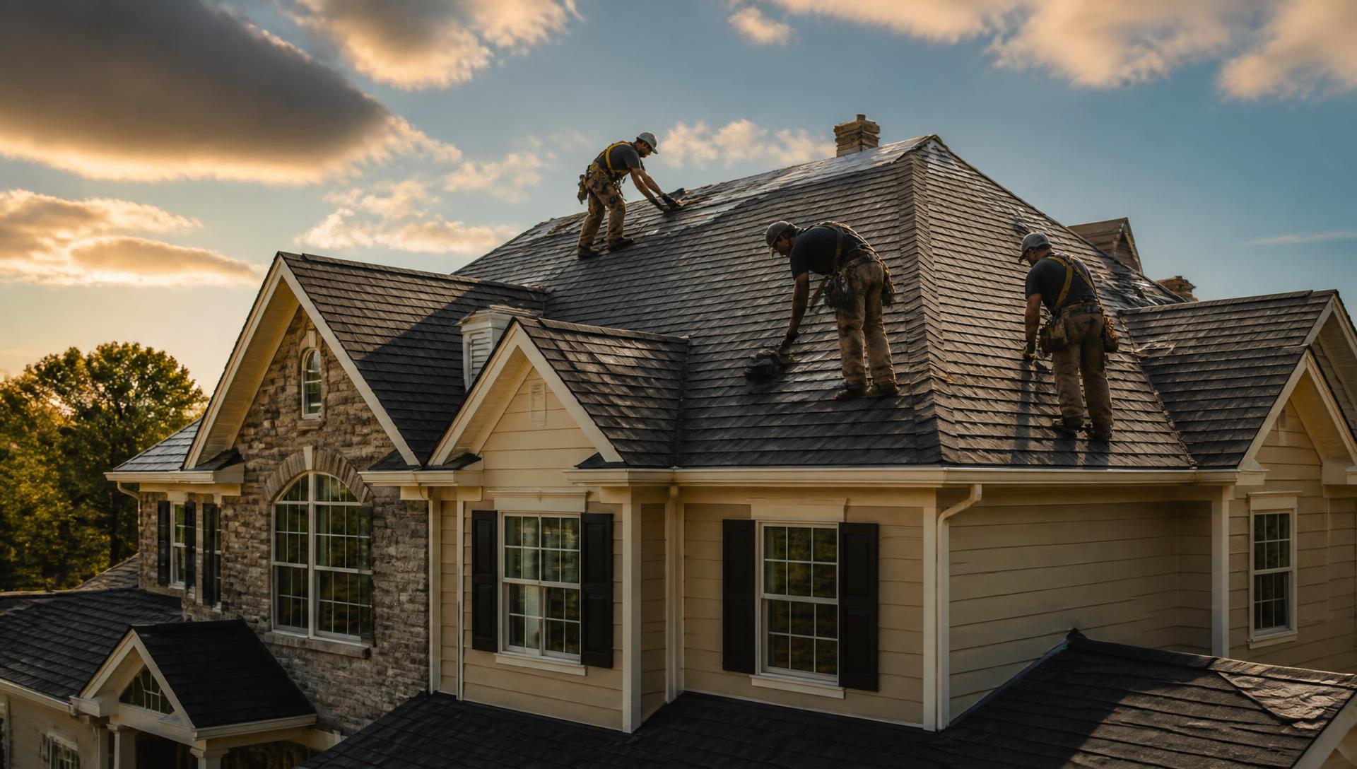 Roofing crew installing shingles on a home roof at sunset