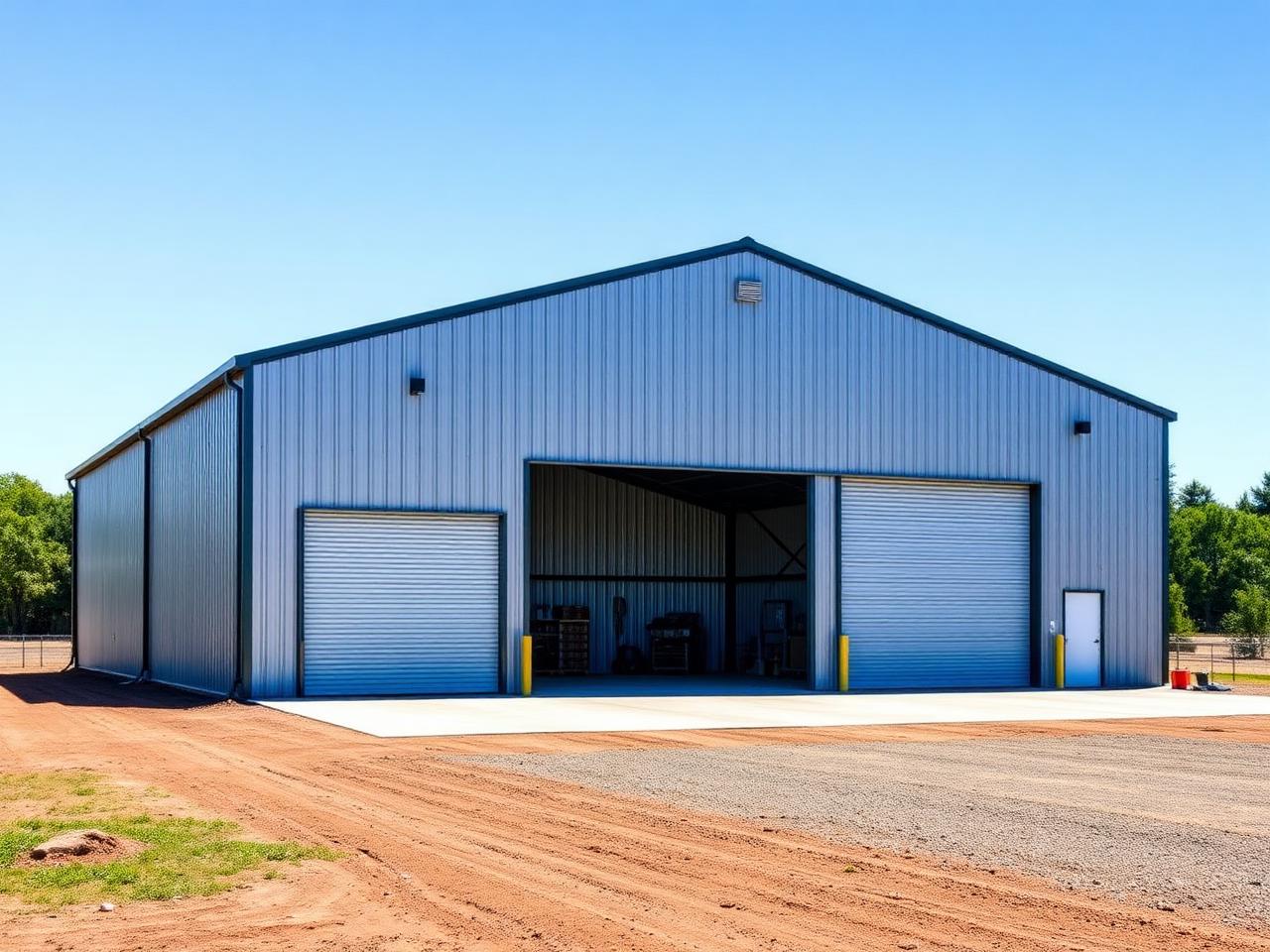 Representative photo of a steel workshop building — placeholder imagery, not an Artisan Roofing Inc project